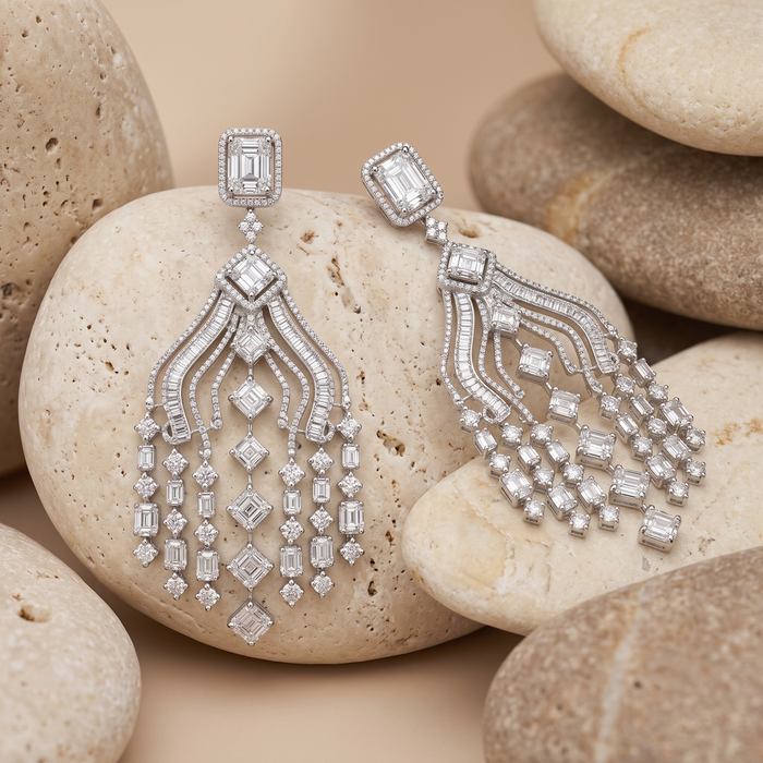 Round Multi Diamonds Earrings in 18K White Gold
