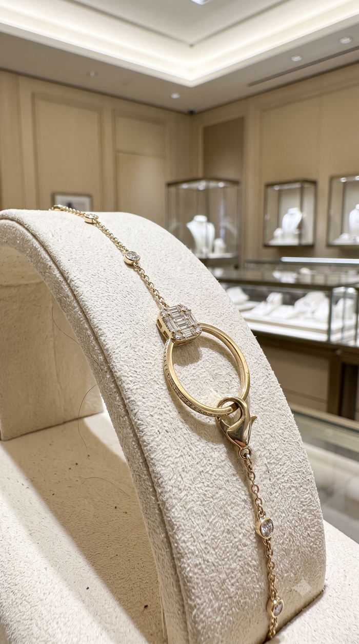 Baguette Diamond Circle Charm Bracelet in 14K Yellow Gold