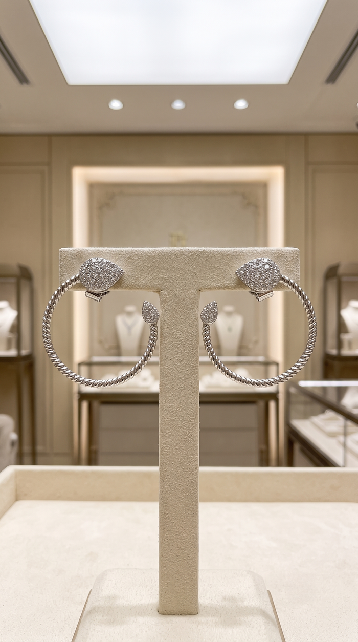 Pave Diamond Twisted Open Hoop Earrings in 14K White Gold