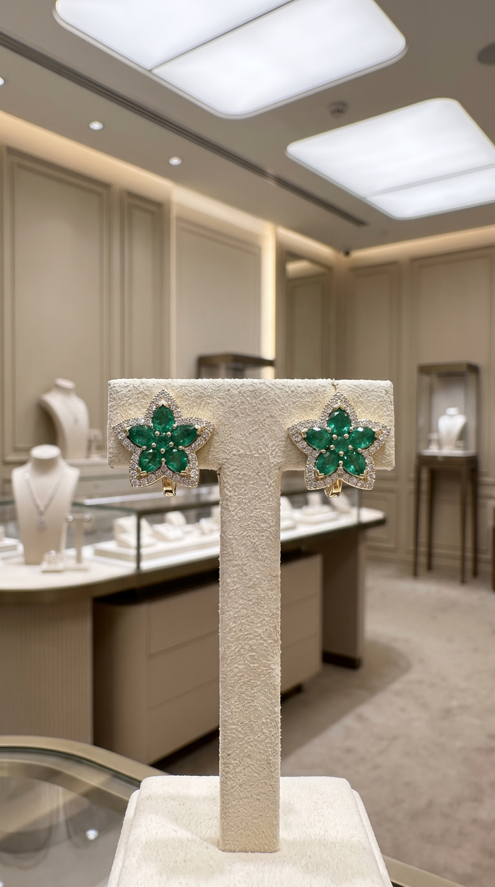Emerald Ruby Gemstone Stud Earrings in 14K Yellow Gold