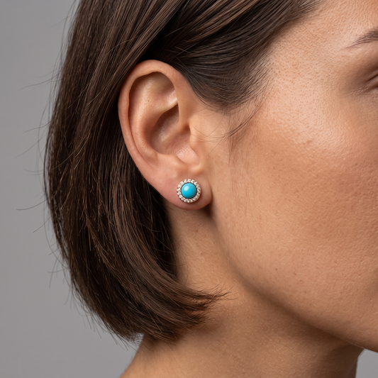 Feminine Turquoise Diamond Stud Earrings in 14K Yellow Gold