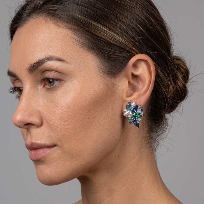 Multicolor Sapphire & Diamond 14K White Gold Floral Stud Earrings