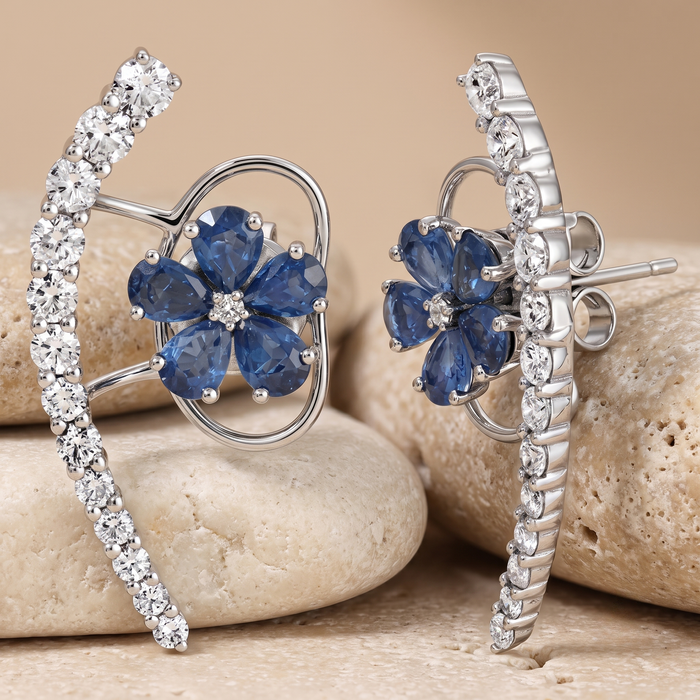 Sapphire Florals Diamond Earrings in 18K White Gold
