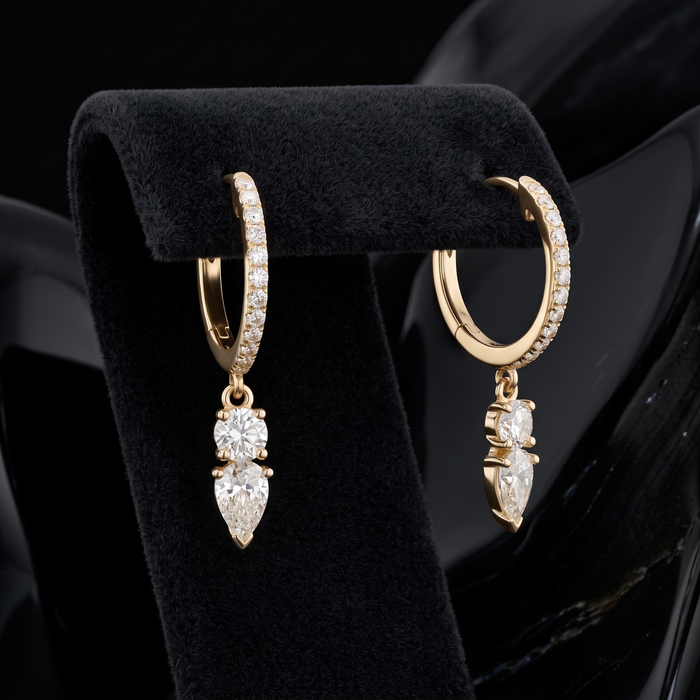 Duo Drop Diamond Huggie Earrings in 14K Yellow Gold