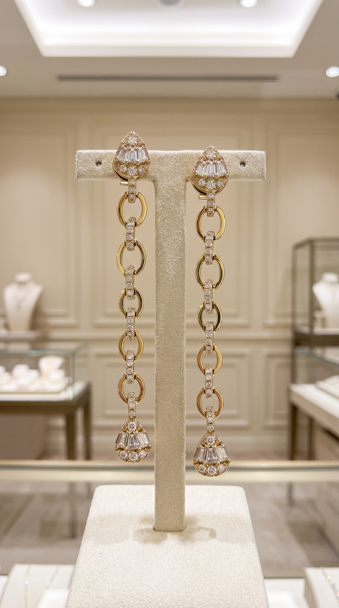 Teardrop Chain Link 14K (or 18k upon request) Yellow Gold Diamond Drop Earrings