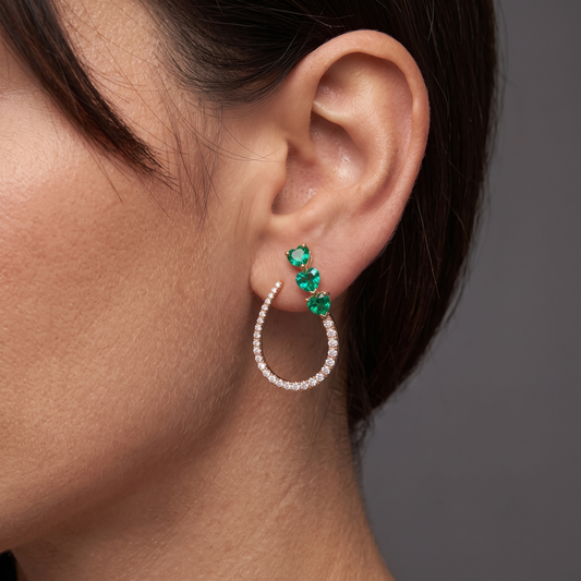 Trio Heart Emerald 14K (or 18k upon request) Yellow Gold Diamond Drop Earrings