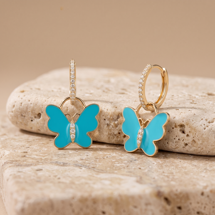 Turquoise Butterfly 14K (or 18k upon request) Yellow Gold Diamond Drop Earrings