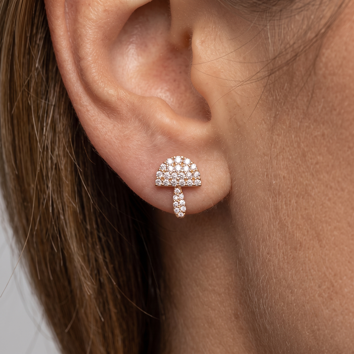 Mushroom Pave Diamond Stud Earrings in 14K Yellow Gold