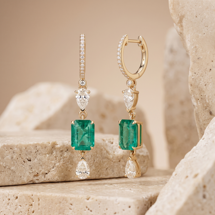 Emerald Elegance 14K (or 18k upon request) Yellow Gold Diamond Drop Earrings
