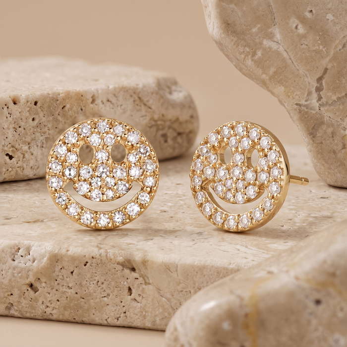 Smiley Face Diamond Stud Earrings in 14K Yellow Gold
