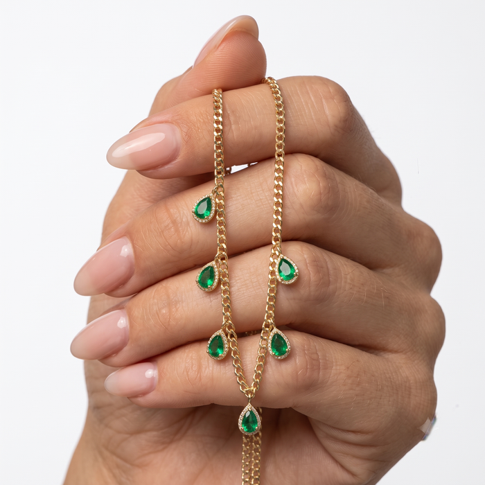 Emerald Teardrop Charms Chain Necklace in 14K Yellow Gold
