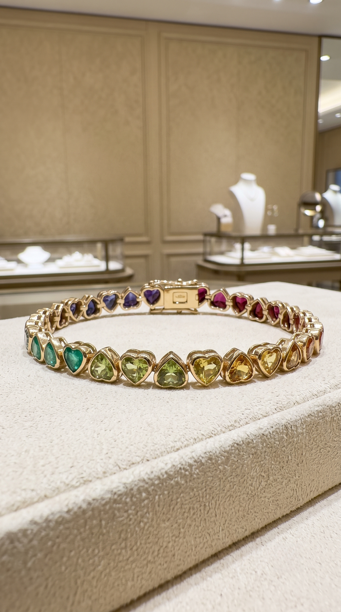 Heart-Cut Rainbow Gemstone 14K Yellow Gold Tennis Bracelet