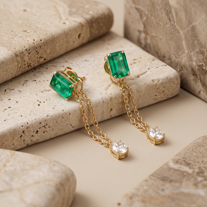 Emerald Drop Oval Diamond Chain Earrings in 14K Yellow Gold