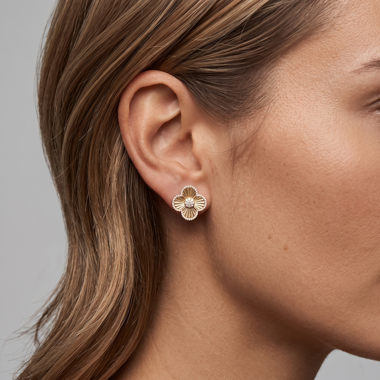 Sleek Lined Flower Diamond Stud Earrings in 14K Yellow Gold
