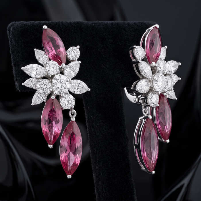Marquise Ruby Diamond Floral Drop Earrings in 18K White Gold