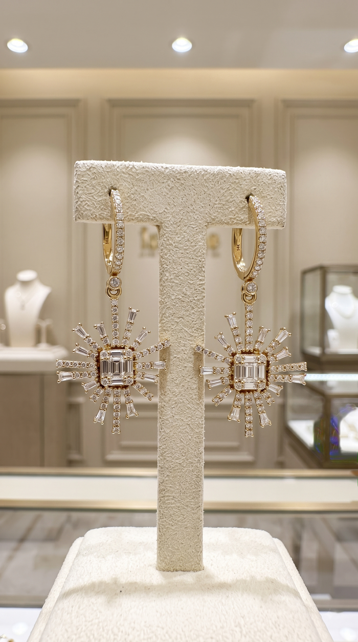 Radiant Nova 14K (or 18k upon request) Yellow Gold Diamond Drop Earrings