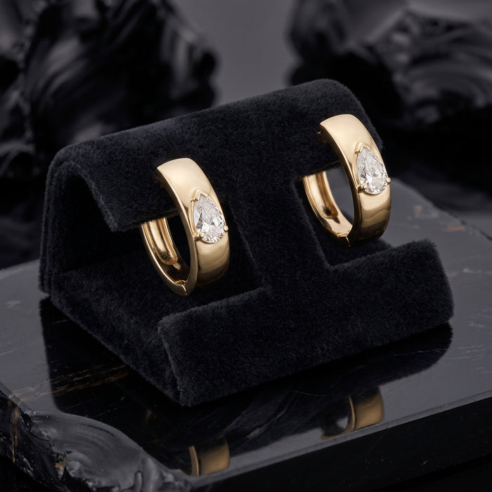 Teardrop Pear Shape Diamond Huggie Earrings in 14K Yellow Gold