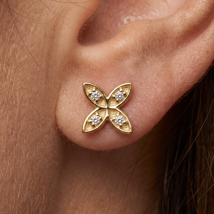 Floral Petal Diamond Stud Earrings in 14K Yellow Gold