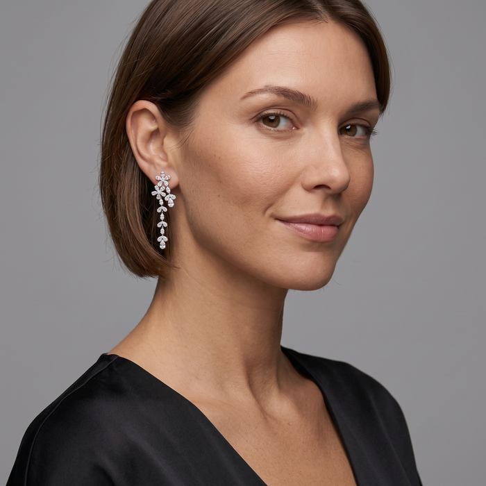 Round Diamonds Star Baguette Earrings in 18K White Gold
