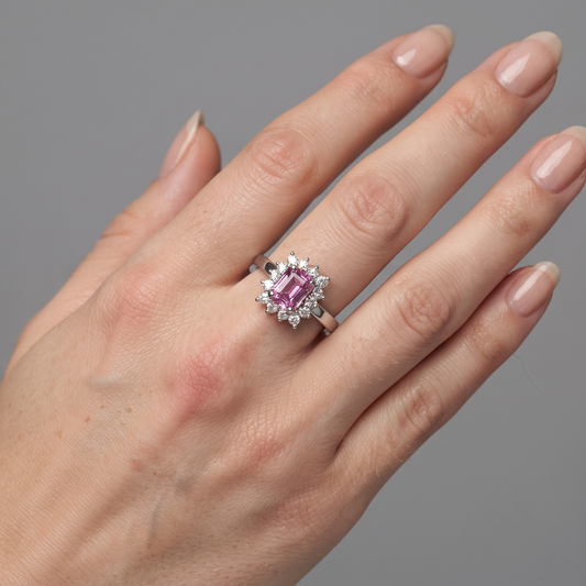 Pink Sapphire Emerald-Cut Diamond Halo Ring in 14K White Gold