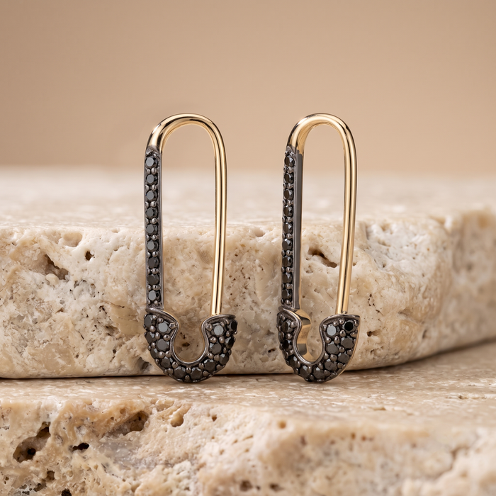 Pave Safety Pin Diamond Earrings in 14K Gold