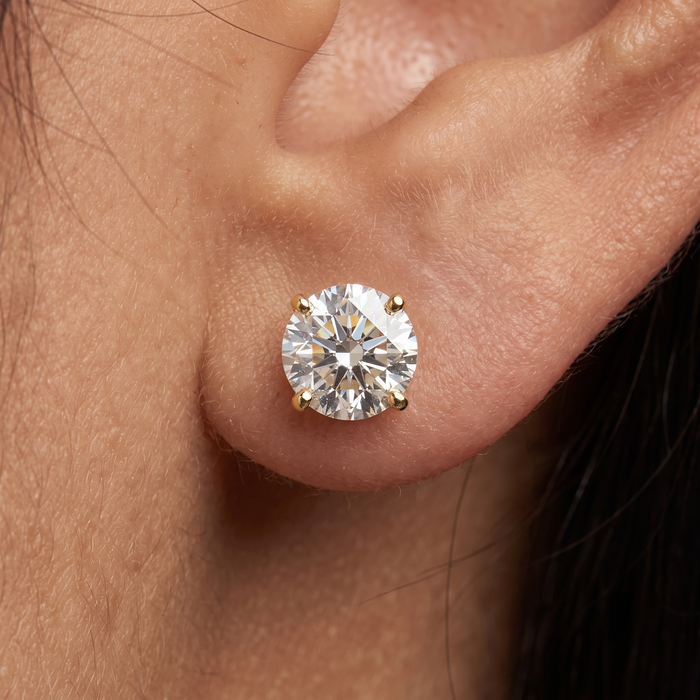 Four Prong Push Back Round Diamond Earrings in 14K Yellow Gold