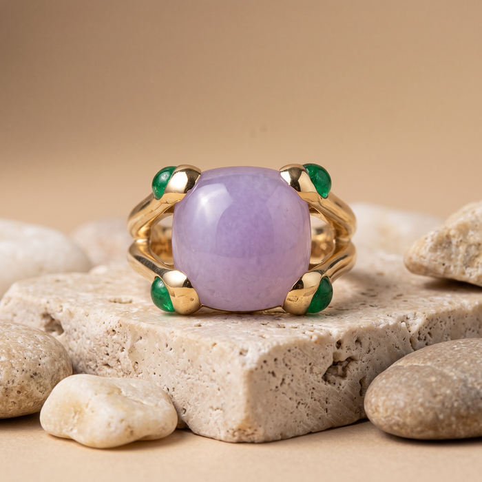 Lavender Chalcedony 14K Emerald Accent Cushion Ring