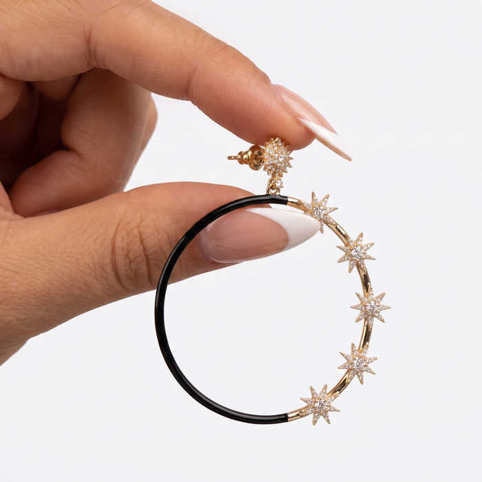 Black Enamel Starburst Hoop Earrings in 14K Yellow Gold