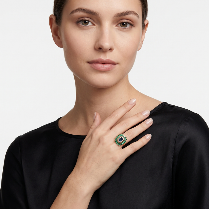 Blue Sapphire Emerald 14K Halo Cocktail Ring