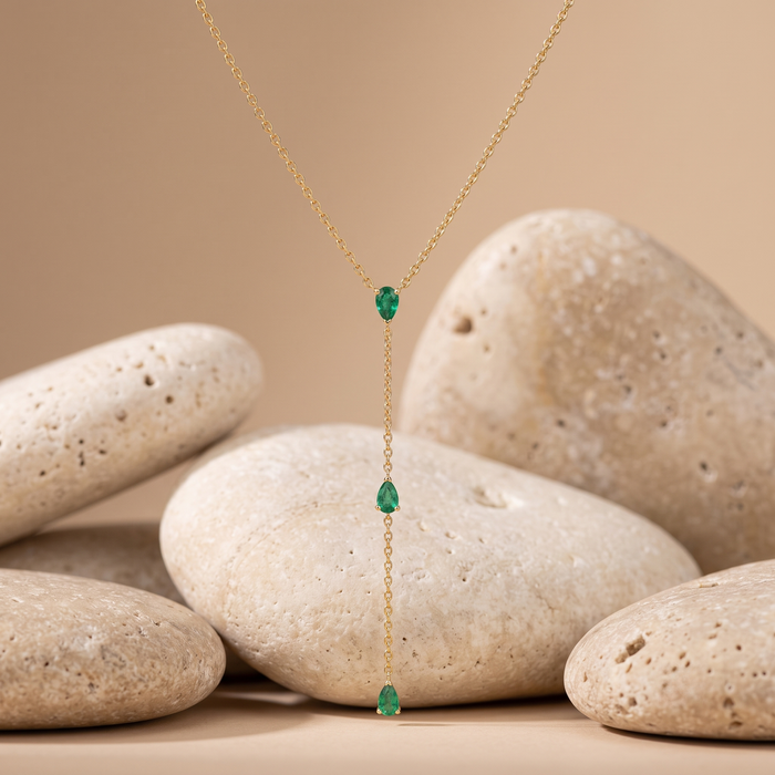 Pear Cut Emerald Drops Lariat Necklace in 14K Yellow Gold