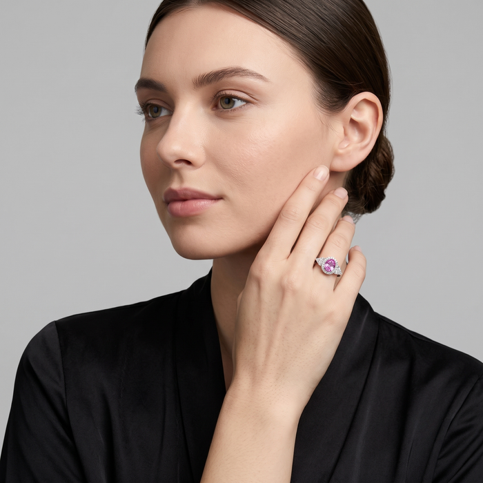Elegant Oval Pink 14K Sapphire Diamond Halo Ring