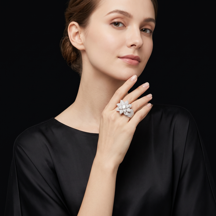 Double Finger Flower Diamond Ring in 18K White Gold