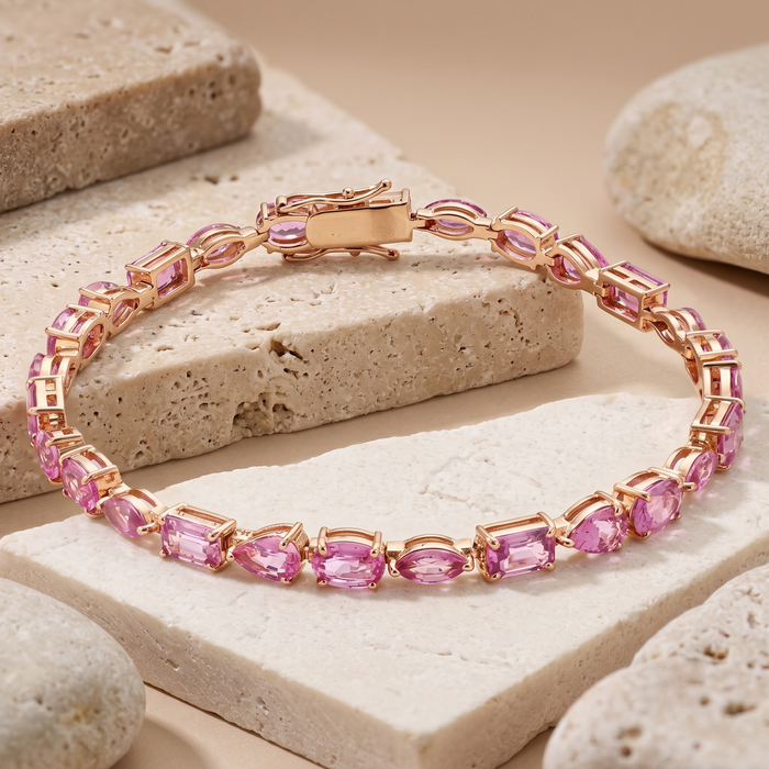 Exquisite Pink Sapphire 14K Yellow Gold Tennis Bracelet