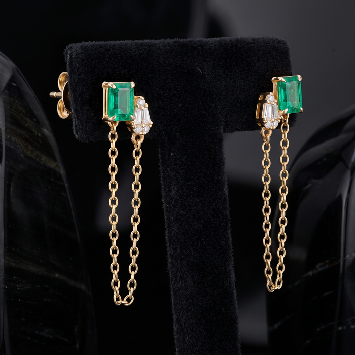 Emerald Cascade Diamond Chain Earrings in 14K Yellow Gold