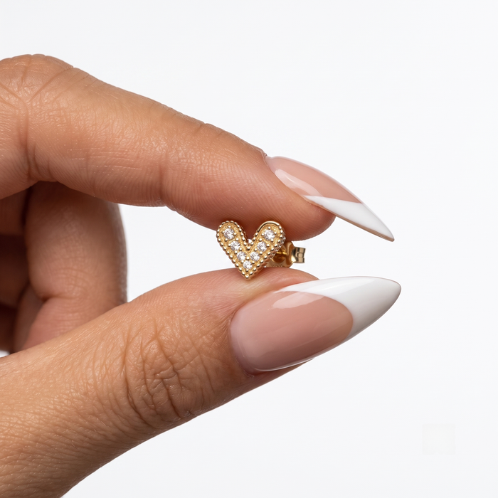 Round Diamond Heart Shape Stud Earrings Set - Push Back with Milgrain