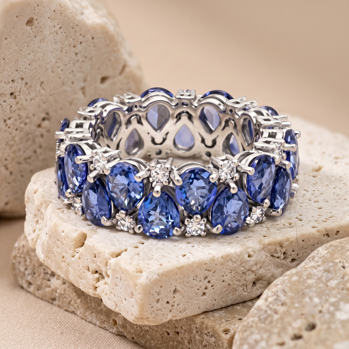 Luxurious Blue Sapphire 14K Diamond Eternity Ring