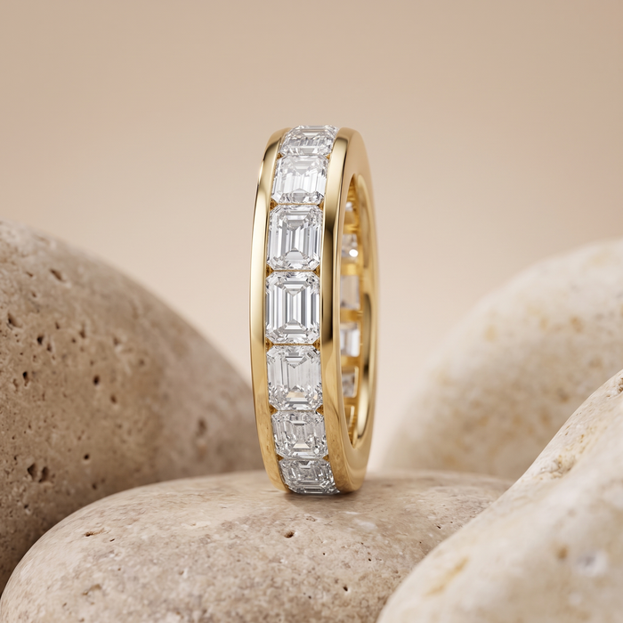 Channel Set Emerald Cut Diamond Band Ring in 14K Yellow Gold