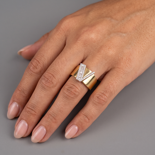 V Initial Baguette Diamond Cigar Ring