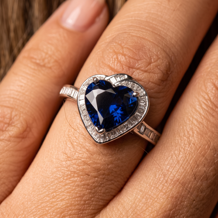 Heart-Cut Blue Sapphire Diamond Halo Ring in 14K White Gold