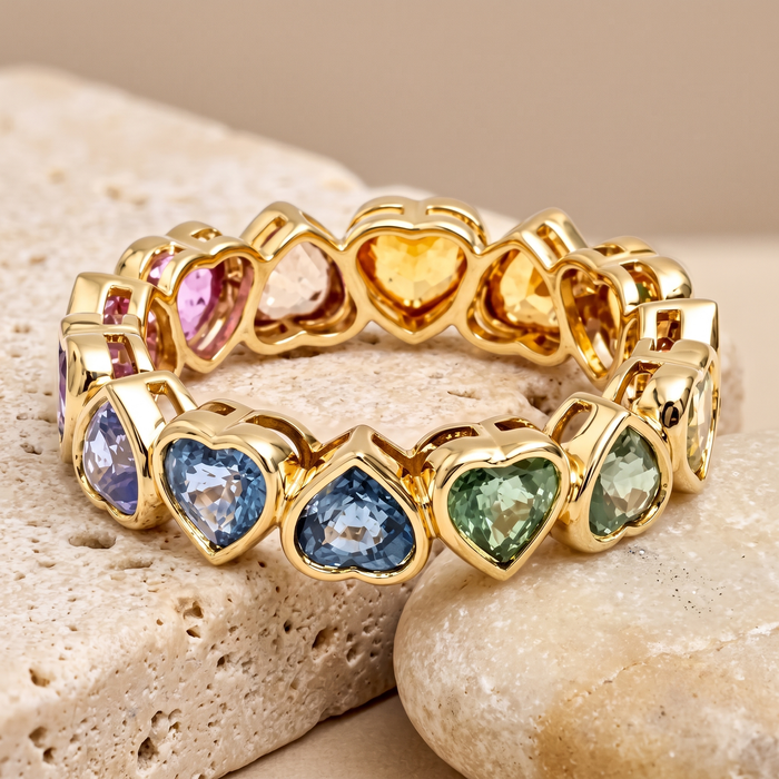 Heart-Shaped Multicolor 14K Sapphire Eternity Band Ring