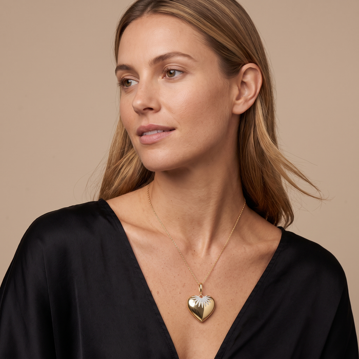 Diamond Fluted Heart Pendant Necklace in 14K Yellow Gold
