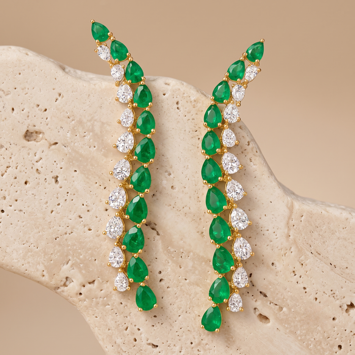 Emerald Diamond Leaf Curve Drop Earrings in 14K Yellow Gold