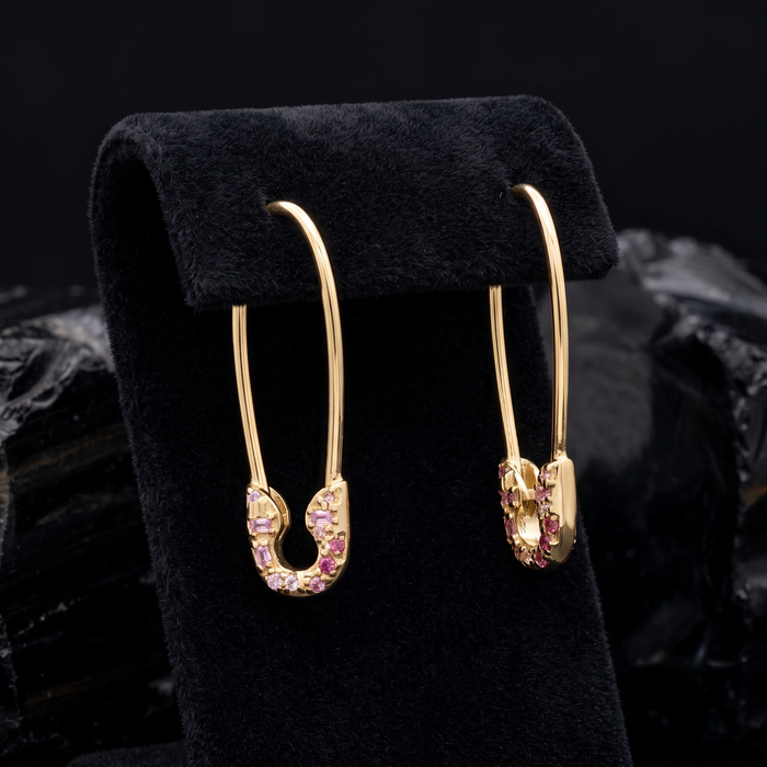 Diamond Safety Charm Pin Earrings in 14K Yellow Gold
