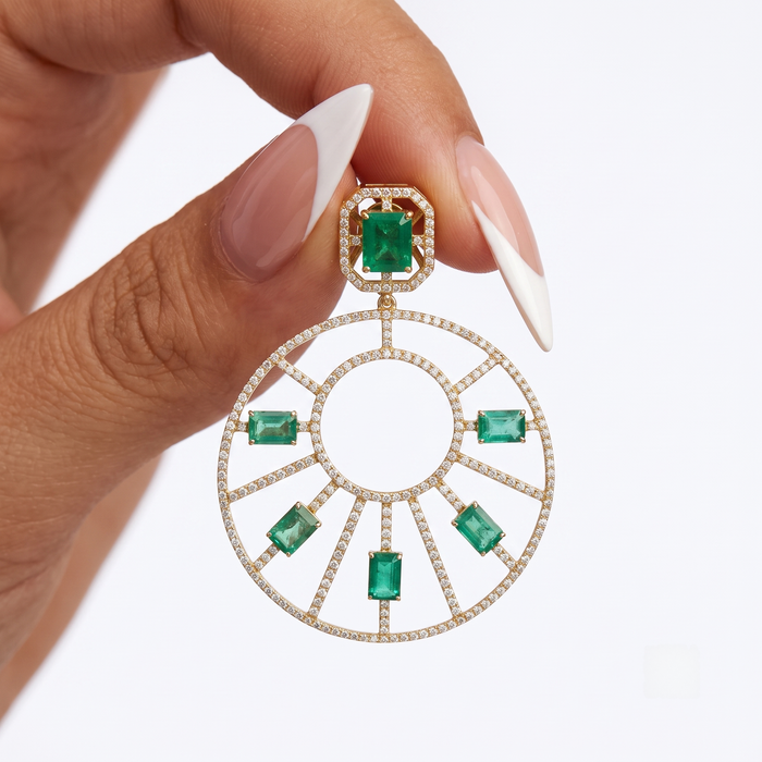 Emerald Diamond Sunburst Statement Earring in 14K Yellow Gold