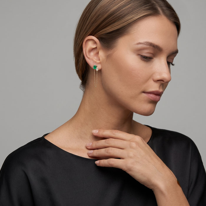 Emerald Cascade Diamond Chain Earrings in 14K Yellow Gold