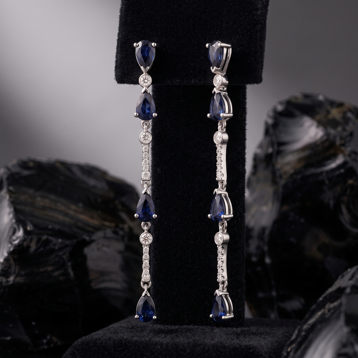 Multi Blue Sapphire 14K (or 18k upon request) Yellow Gold Diamond Drop Earrings