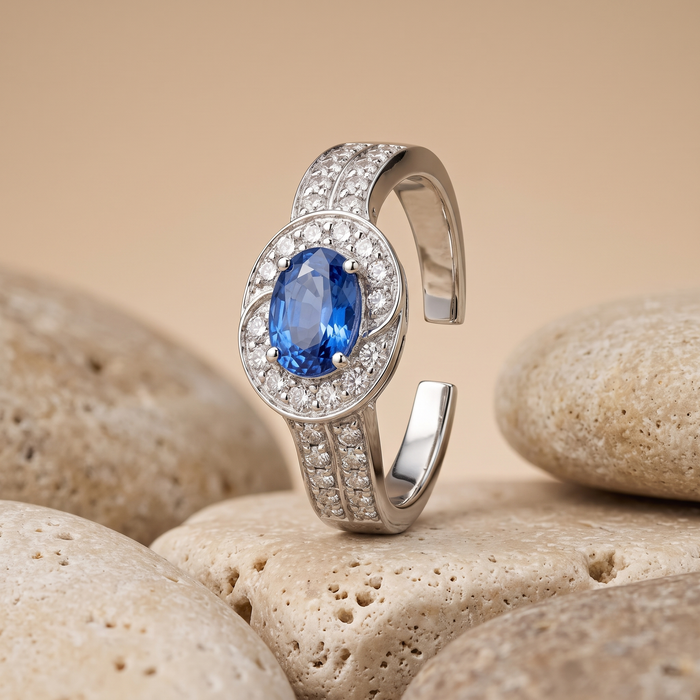 Classic Oval 14K Blue Sapphire Diamond Halo Ring