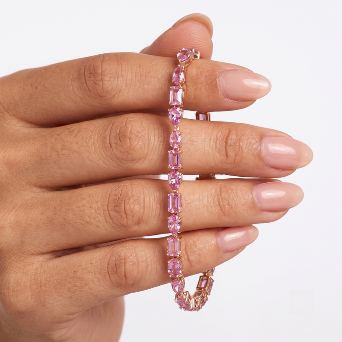 Exquisite Pink Sapphire 14K Yellow Gold Tennis Bracelet