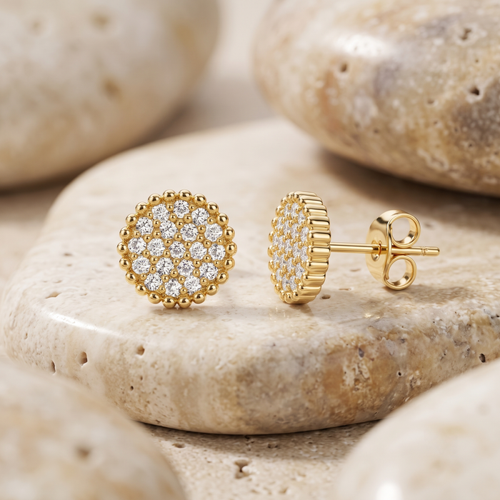 Round Cluster Push Back Diamond Stud Earrings in 14K Yellow Gold