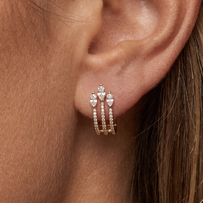 Triple Marquise Crown Diamond Hoop Earrings in 14K Yellow Gold